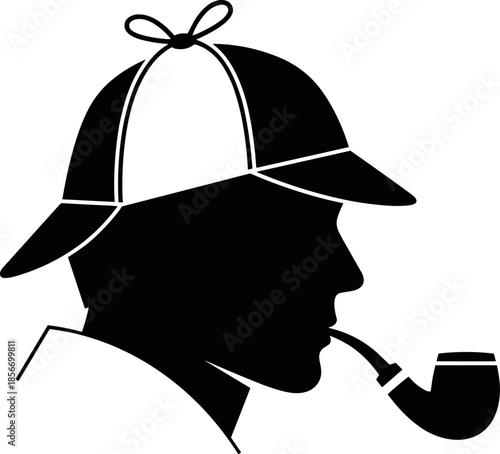 Detective silhouette illustration, Sherlock Holmes icon, black mystery vector, pipe and hat profile, classic investigator graphic, crime analysis symbol