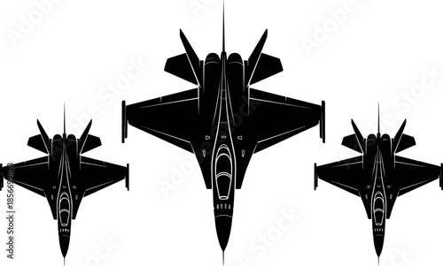 Fighter jet silhouette set, black aircraft vector, military aviation graphic, tactical air force design, combat plane illustration, aerial defense icons