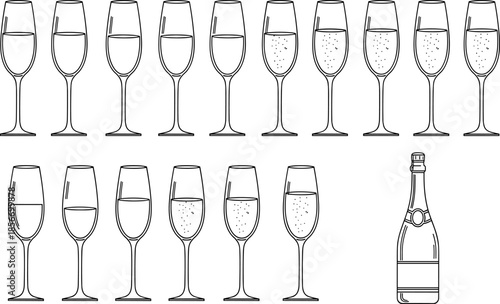 Champagne glass icon set, sparkling wine vector, celebration drink illustration, black silhouette beverage graphics, festive toast design, party drink elements