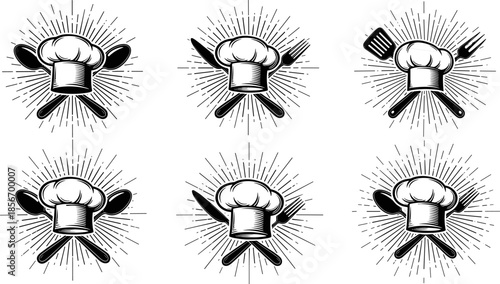 Chef hat utensil icons, black kitchen emblem set, cooking symbol vector, culinary branding graphics, restaurant logo elements, food identity design