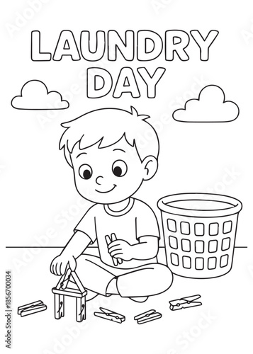 coloring book boy playing with clothespins near basket