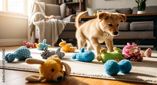 Adorable puppy playing with colorful toys on living room floor