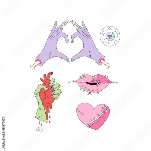 Spooky Halloween Valentines Day Zombie Heart Lips Hands Eye Clipart Set, Creepy Anti V-Day Retro Aesthetic Illustrations for T-Shirt Design, Scrapbooking and Stickers