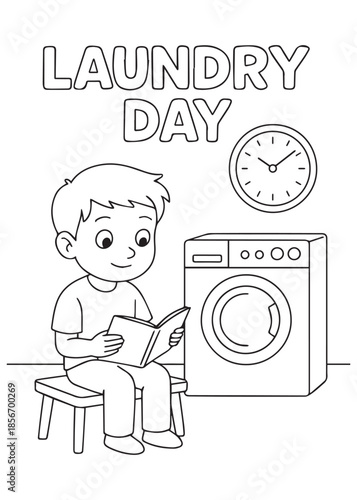 coloring book boy reading while waiting for laundry