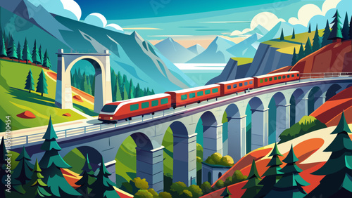 Very beautiful scene of a red train crossing the Landwasser Viaduct in Switzerland, framed by towering alpine cliffs, showcasing iconic railway travel through dramatic mountain landscapes.