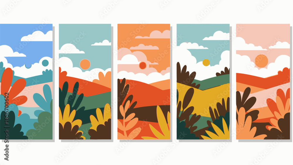Fototapeta premium Vibrant Abstract Landscape Illustrations: Hills, Sun, and Plants in a Dreamy Artistic Style.