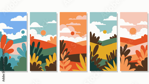 Vibrant Abstract Landscape Illustrations: Hills, Sun, and Plants in a Dreamy Artistic Style.