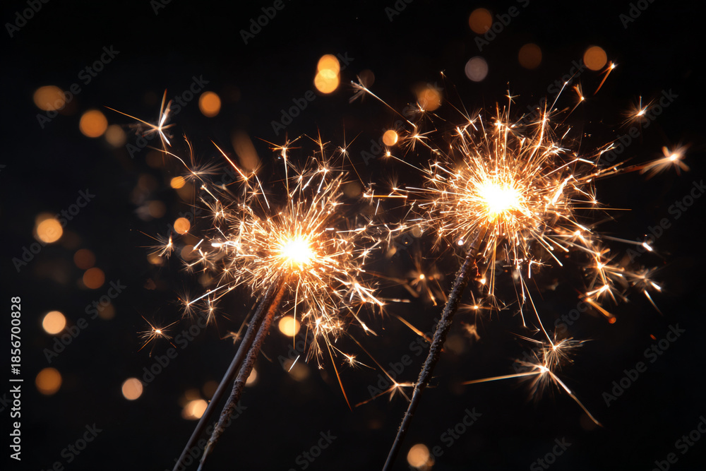 Obraz premium two sparklers glow brightly in the dark with blurred warm bokeh lights behind