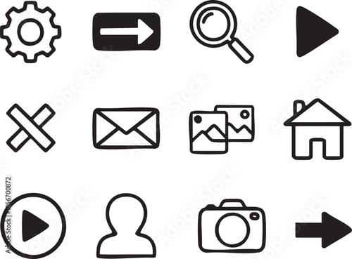 a collection of black and white icons representing various digital functions and interactions, minimalist graphic design style,.eps