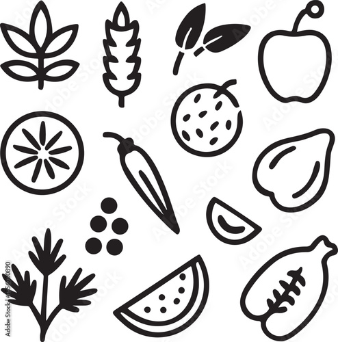 food ingredients line art icons apple pepper herbs fruits and vegetables icons