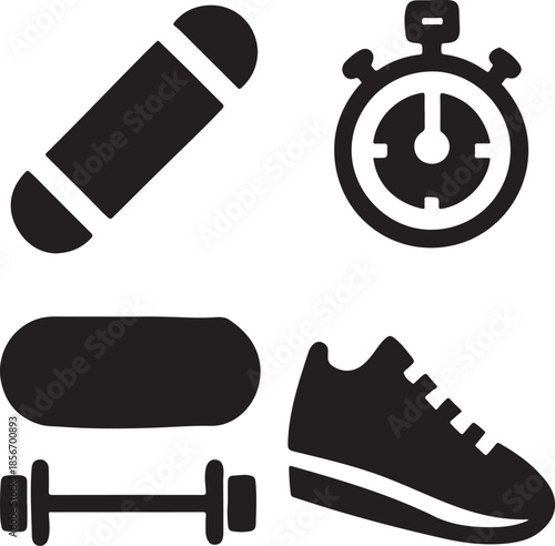 fitness and sport icons dumbbell shoe yoga mat stopwatch isolated on transparent background