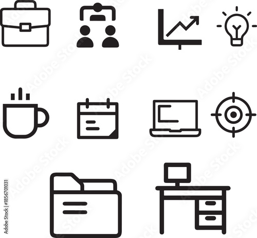 Set of business and office related line icons on transparent background concept