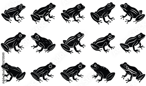 Black frog silhouettes in multiple poses, amphibian wildlife vector set, tropical pond animal graphic, jumping and sitting frog illustration, nature design elements collection