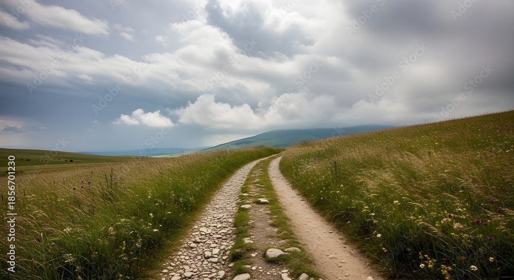 Obraz premium Winding dirt road through green hills under a dramatic cloudy sky.