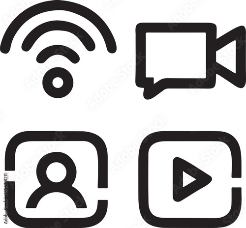 Digital communication and media icons set with internet wifi, chat, video, and user profile