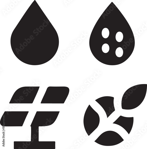Water drop, solar panel, and plant icons representing natural resources and renewable energy