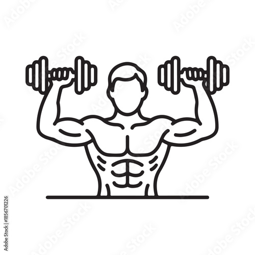 A muscular man lifting dumbbells a simple line drawing illustration