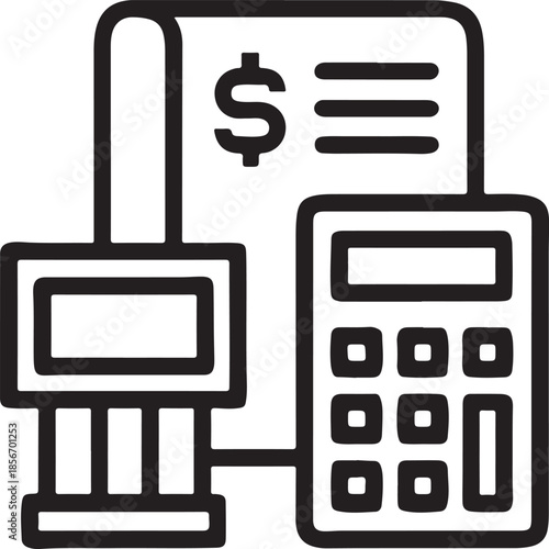 Calculator with receipt and cash register for financial accounting and business