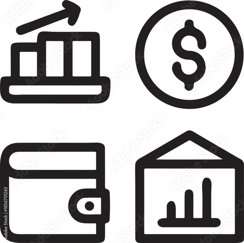 Financial growth symbols including graph coin wallet and bank building icon