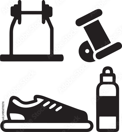 Fitness and gym equipment including dumbbells shoe water bottle and cable machine