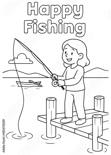 coloring book mother fishing on wooden dock