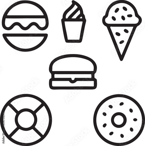 Food outline icons set featuring various fast food and sweet dessert items vector illustration
