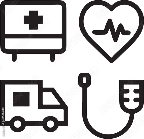 Set of four black outline medical and healthcare icons representing emergency and vital signs