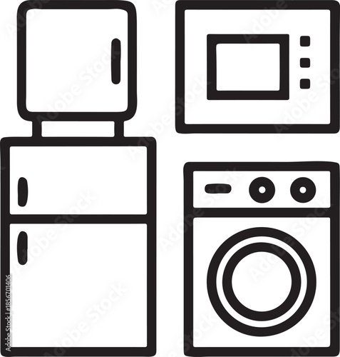 Home appliances outline icons set featuring laundry water dispenser and microwave oven vector