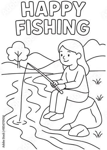 coloring book mother fishing on river rock