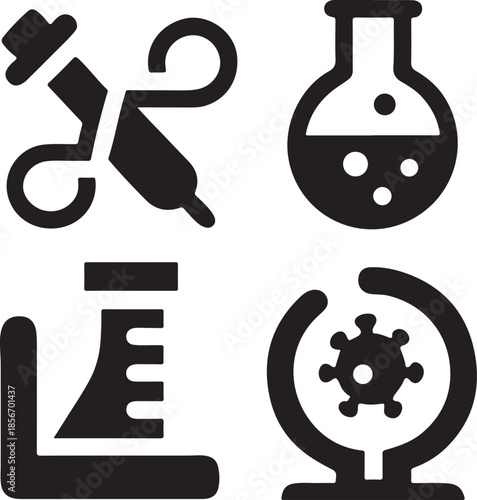 Four dark laboratory and science icons depicting research equipment and viral study elements