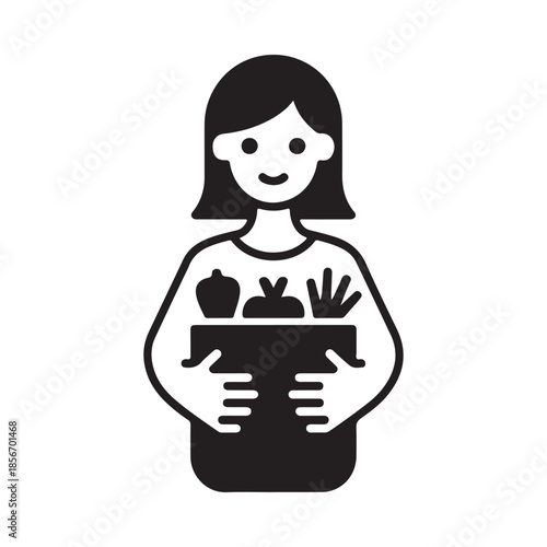 Simple black and white icon of a woman holding a basket of produce
