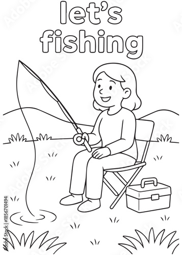coloring book mother fishing with chair and tackle box
