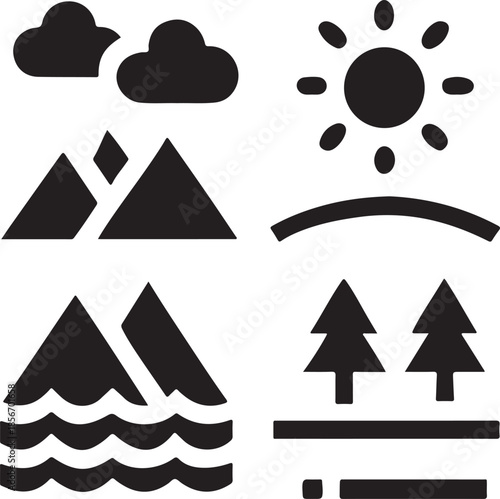 Nature and landscape icons set collection with clouds mountains sun trees and water