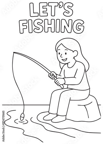 coloring book mother fishing calmly by riverbank