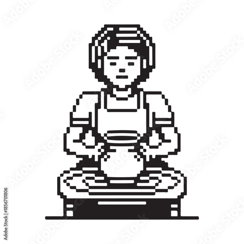 Pixel art illustration of a woman crafting pottery at a wheel