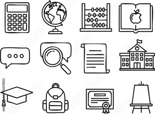 calculator, globe, abacus, book, chat bubble, magnifying glass, document, grade, graduation cap, backpack, addition, pen.eps