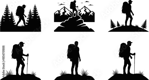 Hiker silhouette illustration set, outdoor adventure vector, black nature trekking icons, mountain forest exploration graphics, backpack travel design elements