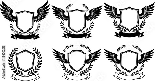 Heraldic emblem icon set, black shield vector, winged badge illustration, laurel ribbon design, classic insignia graphics, prestige symbol elements