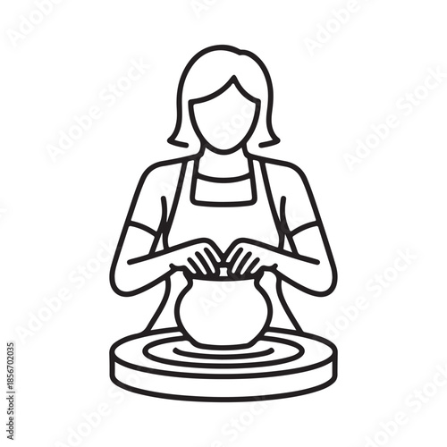 A simple line drawing of a woman working at a pottery wheel