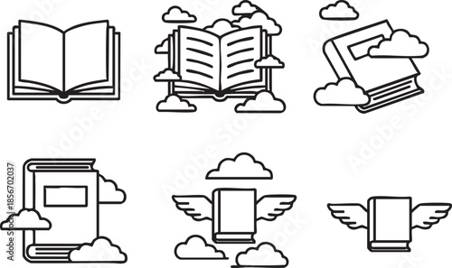 book,open book with clouds,books with clouds,book with clouds and stars,book with clouds and sky,book flying in sky,book with wings,book.eps