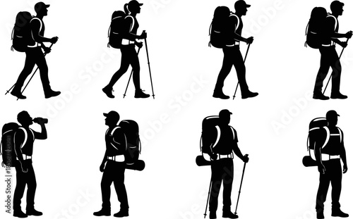 Hiker silhouette icon set, black trekking vector, outdoor adventure poses, backpack hiking pole graphics, nature exploration illustration, travel activity symbols