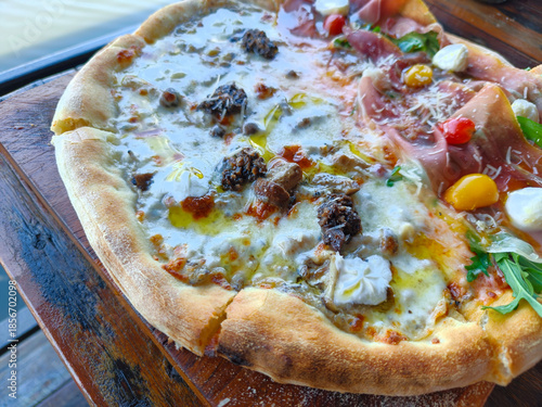 Close up of pizza Truffle and mushroom, Side view of Italian food