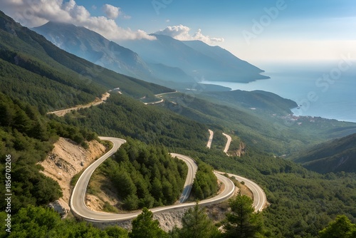Llogara Pass National Park Albania mountain road scenic landscape travel tourism destination adventure nature panoramic view Europe outdoor vacation advertising promotion coastal alpine journey