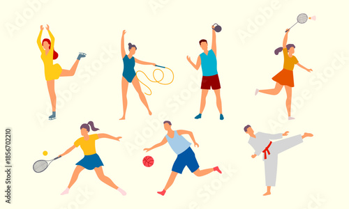 Sports activities character flat illustration set. Include of yoga, football, gym, running, karate, tennis, basketball.