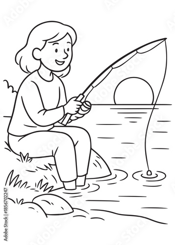 coloring book mother fishing with bait box on shore