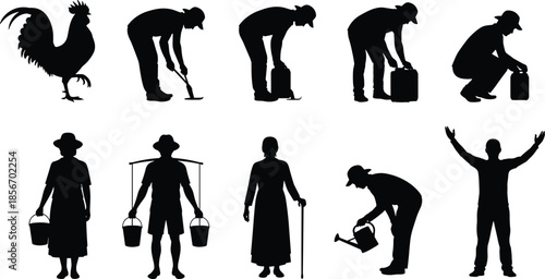 Black rural life silhouettes, vector illustration of farming, water carrying, rooster, elderly figure, agricultural activities, village lifestyle, clipart, icon collection