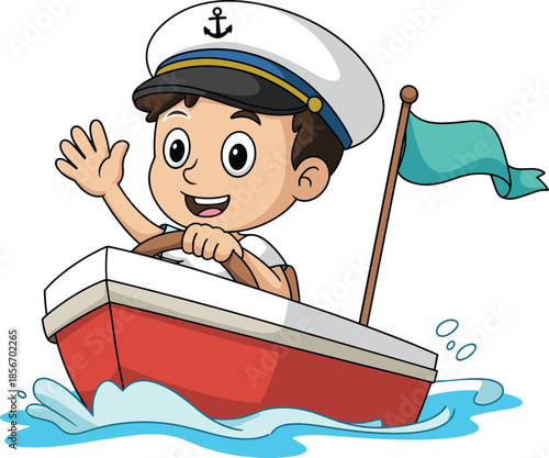 Cheerful Cartoon Little Boy Wearing a Sailor Hat Waving While Driving a Small Speedboat on Blue Water Waves Vector Illustration
