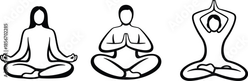 Meditation pose silhouette set, seated yoga figures, mindfulness posture, black and white vector, spiritual practice, wellness design, calm illustration for stock