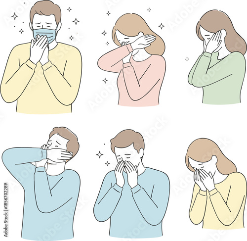 Health hygiene vector illustration, silhouettes showing proper and improper ways to cover sneezes and coughs, prevention clipart for safety awareness