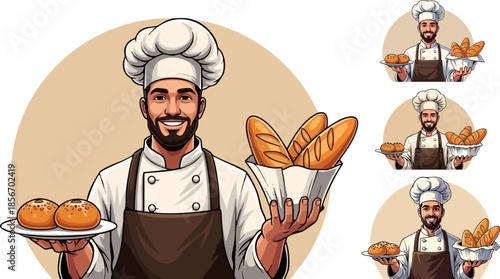 Smiling baker proudly presenting fresh baked bread and pastries assortment
